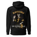 Black & Gold Till I'm Dead & Cold printed on a Black Hoodie with a Skeleton wearing a hat, number 7 Pittsburgh Football Jersey, jeans, with a gold towel in his pocket, and a beer in his hand.