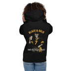 Woman wearing a hoodie. Black & Gold Till I'm Dead & Cold printed on a Black Hoodie with a Skeleton wearing a hat, number 7 Pittsburgh Football Jersey, jeans, with a gold towel in his pocket, and a beer in his hand.