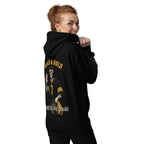 Woman wearing a hoodie. Black & Gold Till I'm Dead & Cold printed on a Black Hoodie with a Skeleton wearing a hat, number 7 Pittsburgh Football Jersey, jeans, with a gold towel in his pocket, and a beer in his hand.