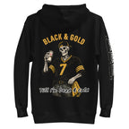 Black hoodie shown from the back. Skeleton holding a beer, wearing a Pittsburgh Football jersey with #7, and the text BLACK & GOLD Till I'm Dead & Cold.
