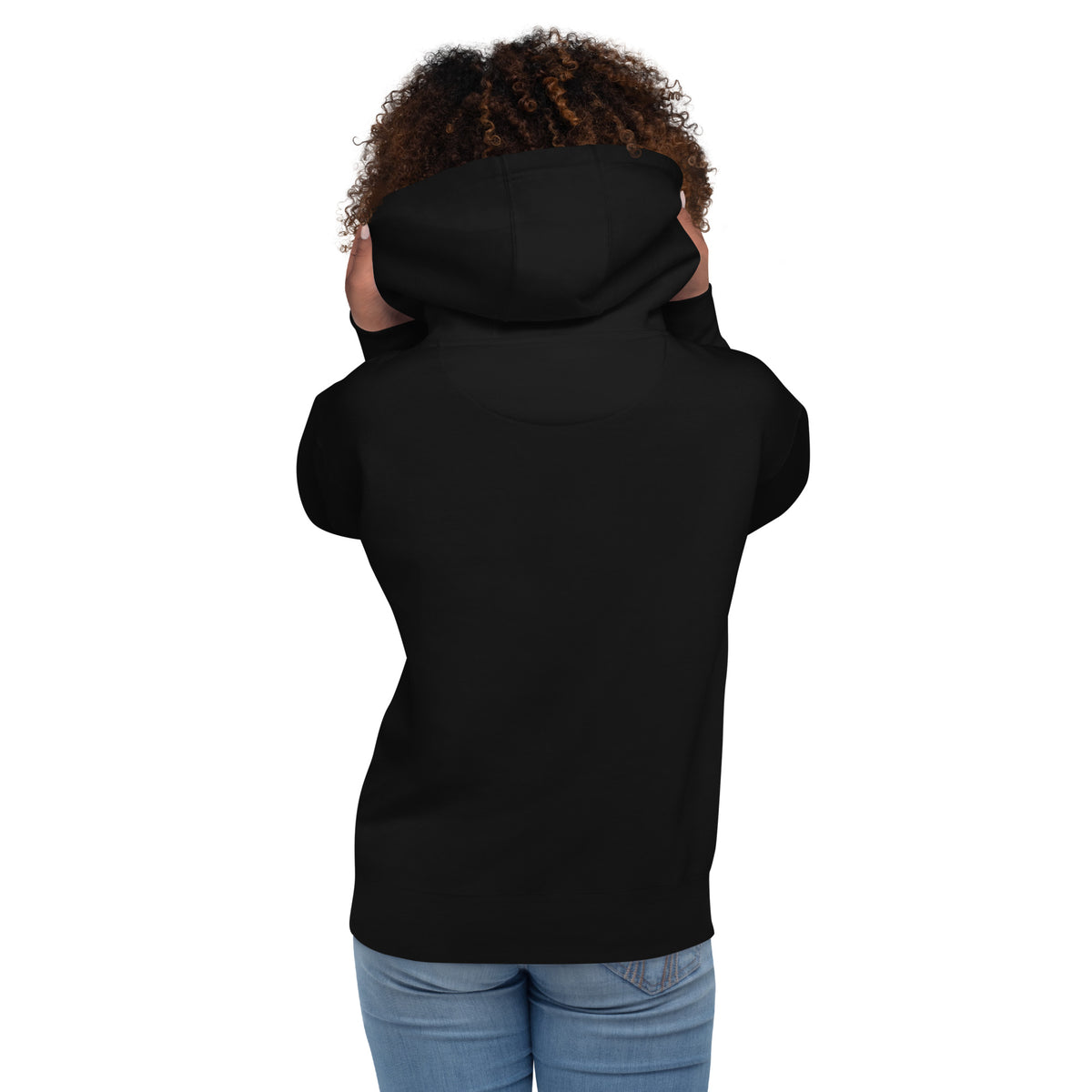 Woman wearing Black hoodie shown from the back