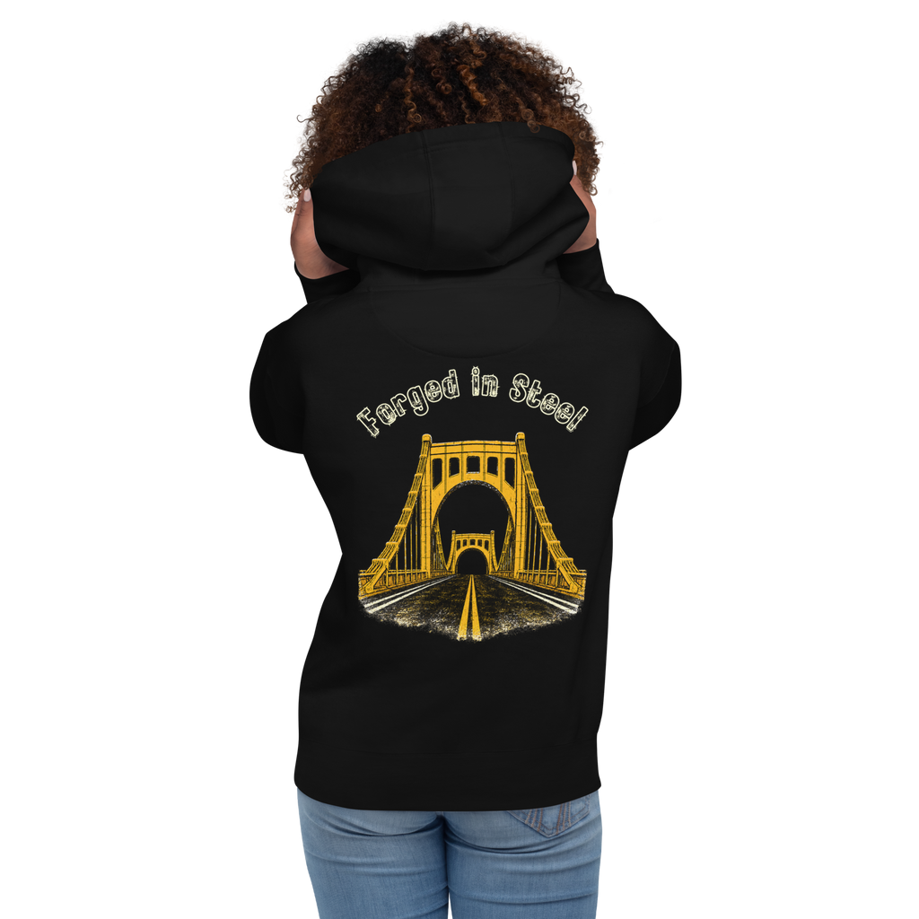 Woman wearing a black hoodie with "Forged in Steel" Bridge design on the back. 