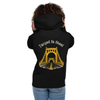 Woman wearing a black hoodie with "Forged in Steel" Bridge design on the back. 