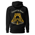 Forged in Steel with Gold Pittsburgh Bridge Design on a black hoodie