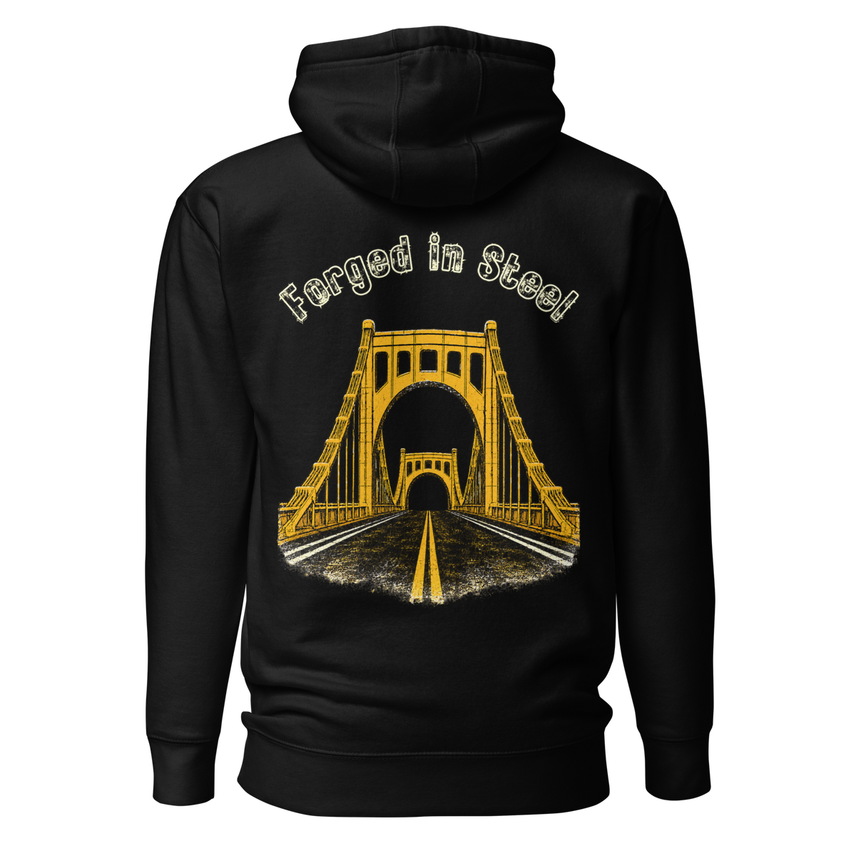Forged in Steel with Gold Pittsburgh Bridge Design on a black hoodie