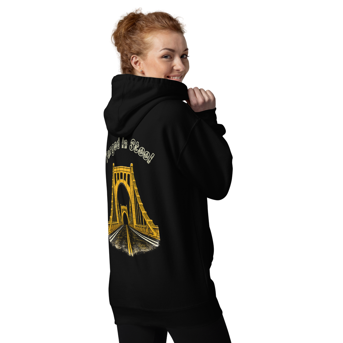 Woman wearing forged in steel design hoodie - black.
