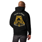 Man wearing a black hoodie with "Forged in Steel" Bridge design on back.