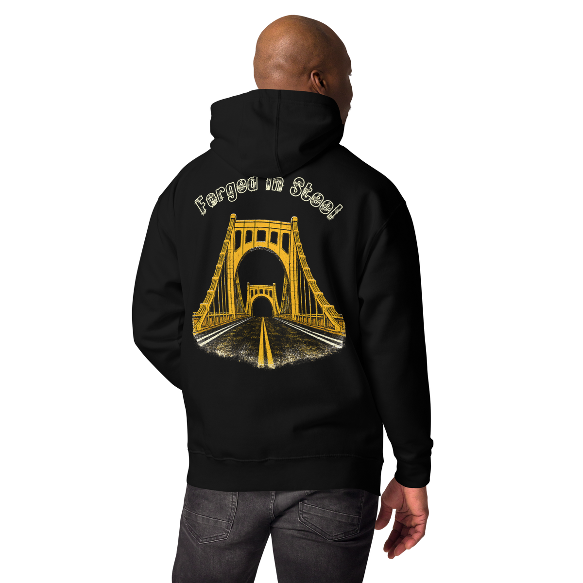 Man wearing a black hoodie with "Forged in Steel" Bridge design on back.