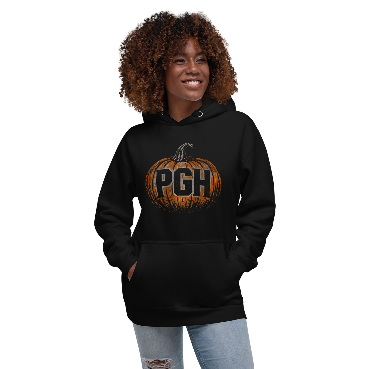 Woman wearing PGH Pumpkin Design on Black hoodie
