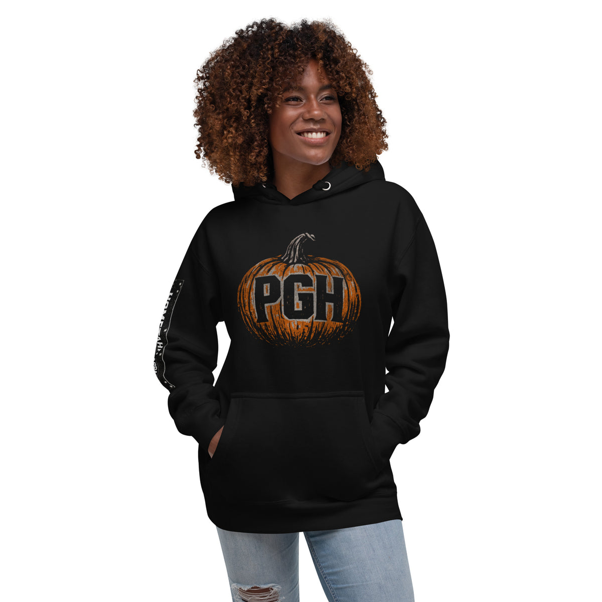 Woman wearing PGH Pumpkin Design on Black hoodie