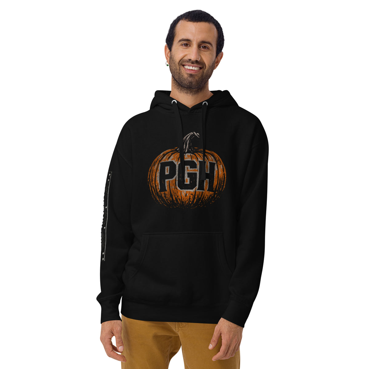 Man wearing PGH Pumpkin Design on Black hoodie