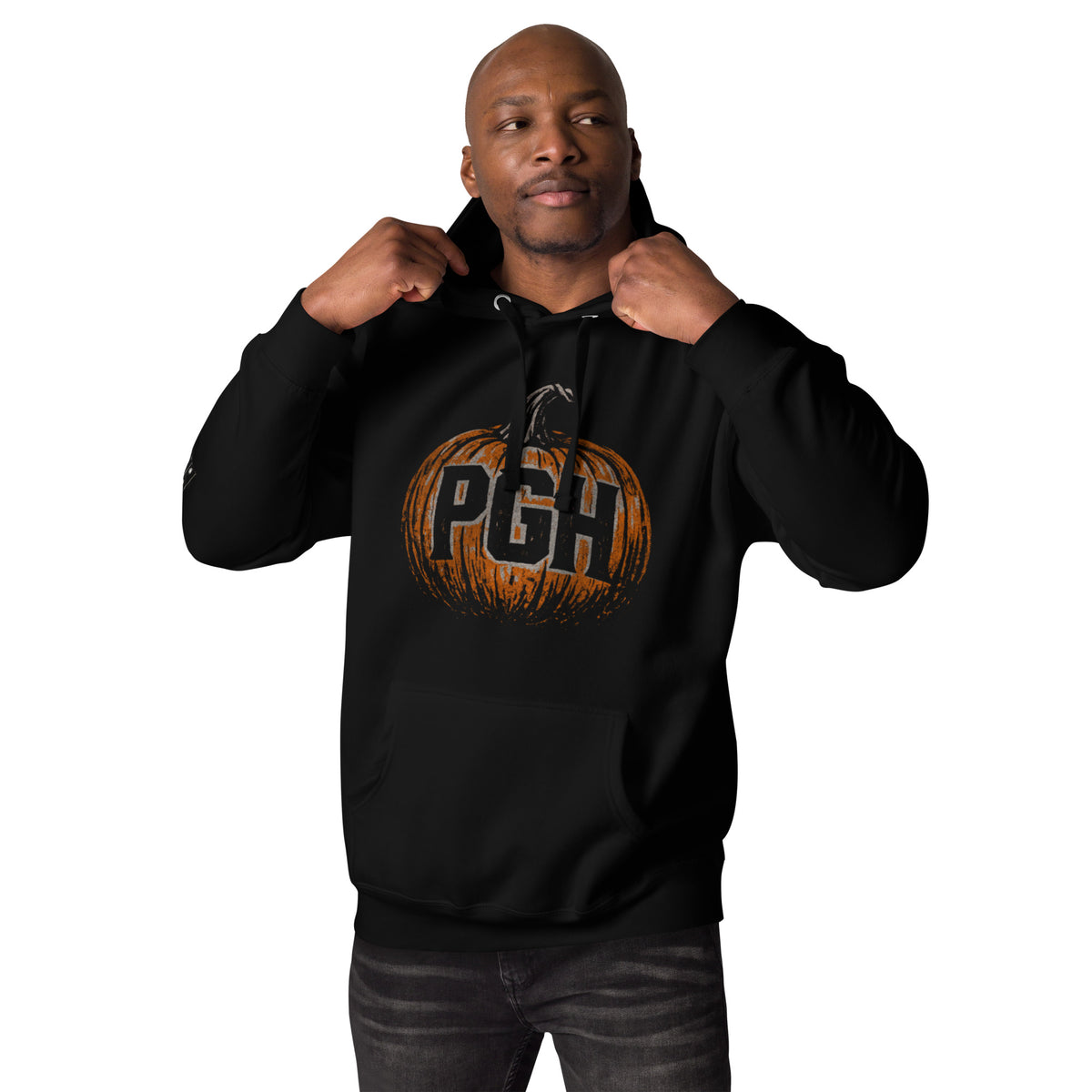 Man wearing PGH Pumpkin Design on Black hoodie
