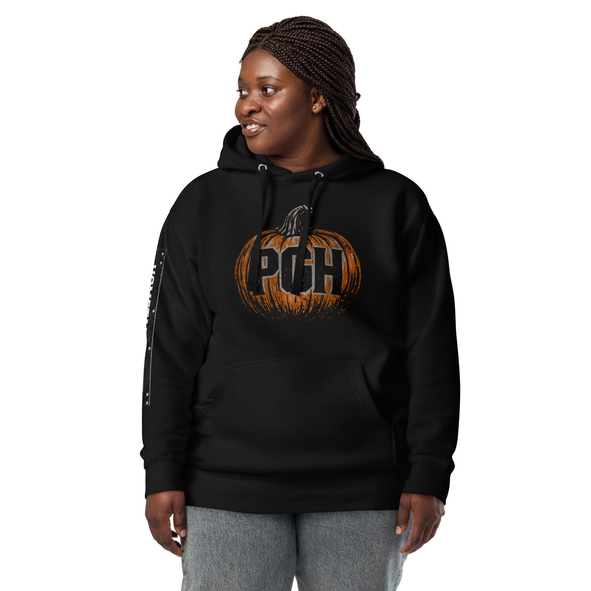 Woman wearing PGH Pumpkin Design on Black hoodie