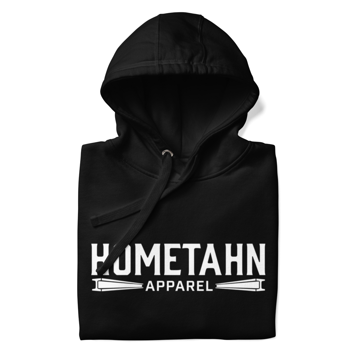 black hoodie with "HOMETAHN APPAREL" logo on front.
