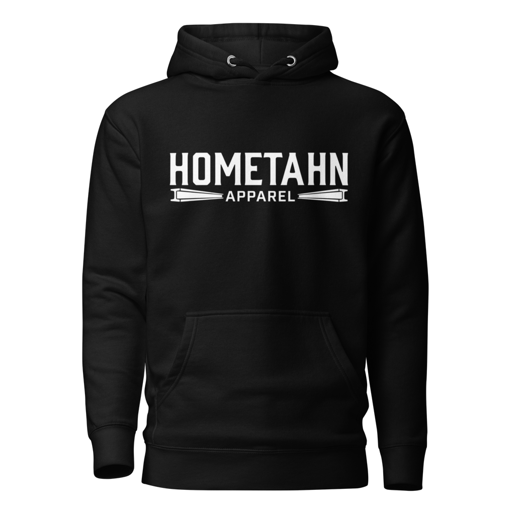  black hoodie with "HOMETAHN APPAREL" logo on front.