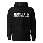  black hoodie with "HOMETAHN APPAREL" logo on front.
