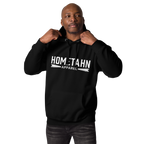 Man wearing a black hoodie with "HOMETAHN APPAREL" logo on front.