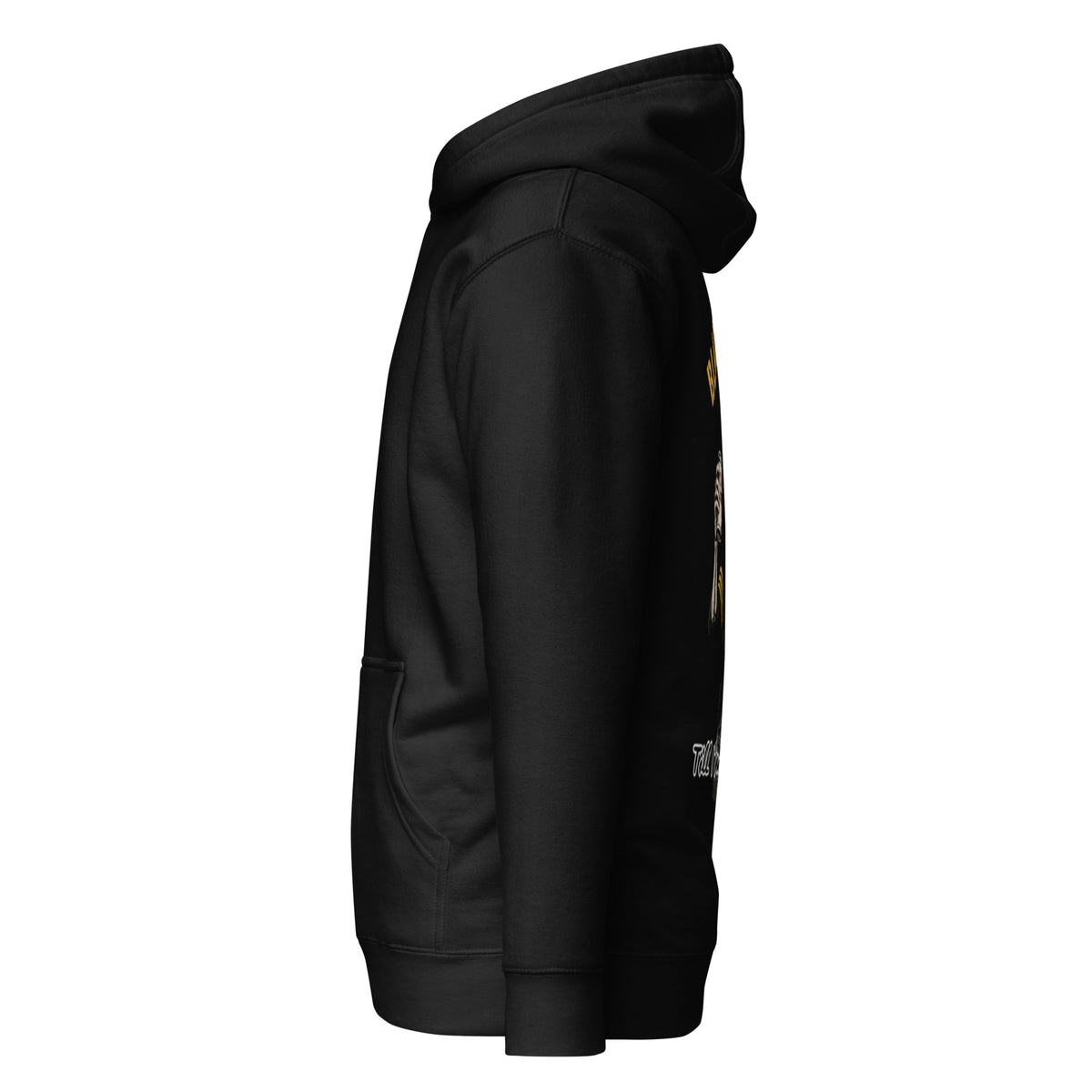 left sleeve view of a black hoodie.