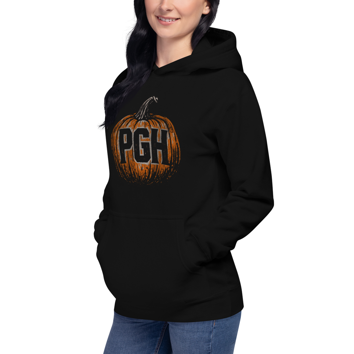 Woman wearing PGH Pumpkin Design on Black hoodie