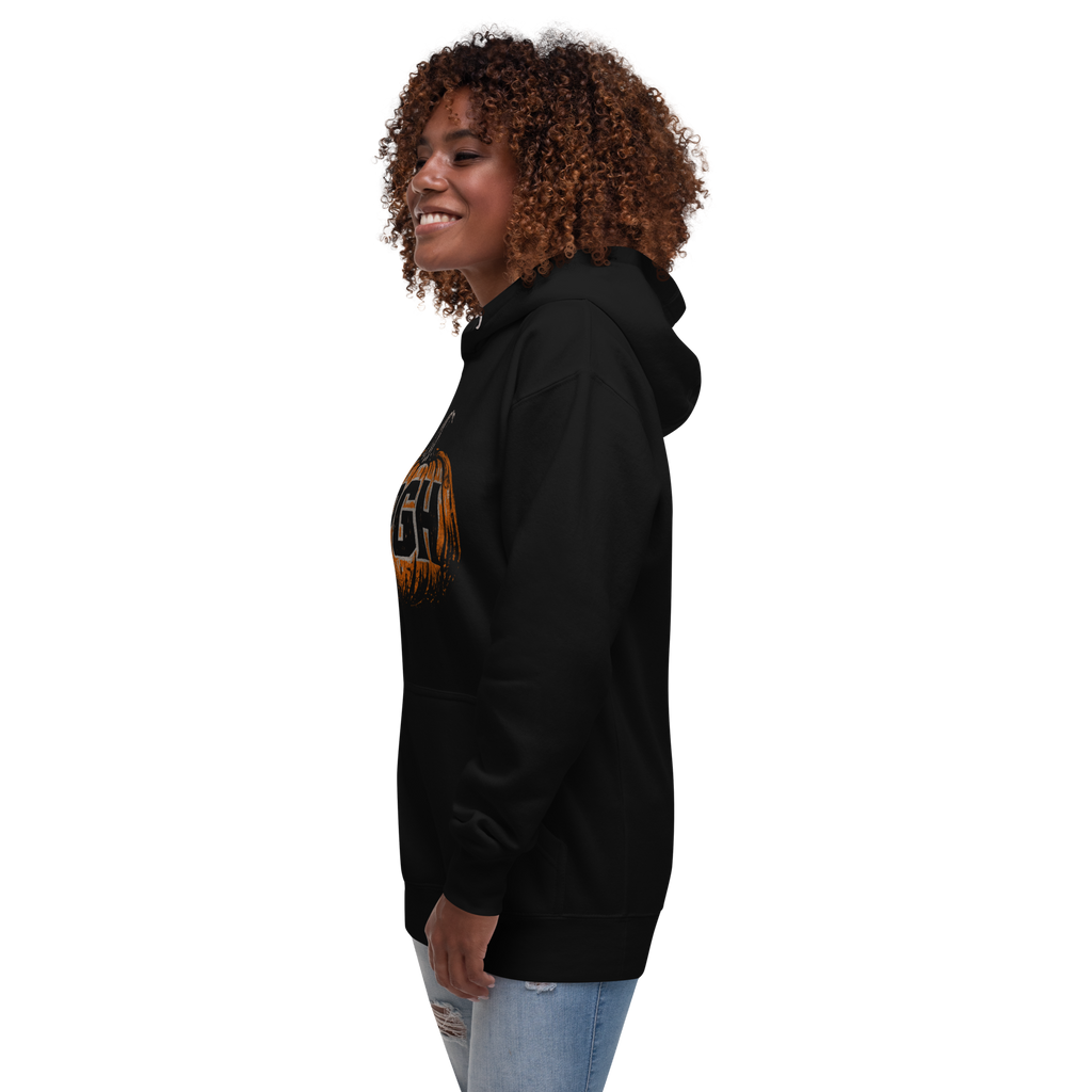 Side image of Woman wearing PGH Pumpkin Design on Black hoodie
