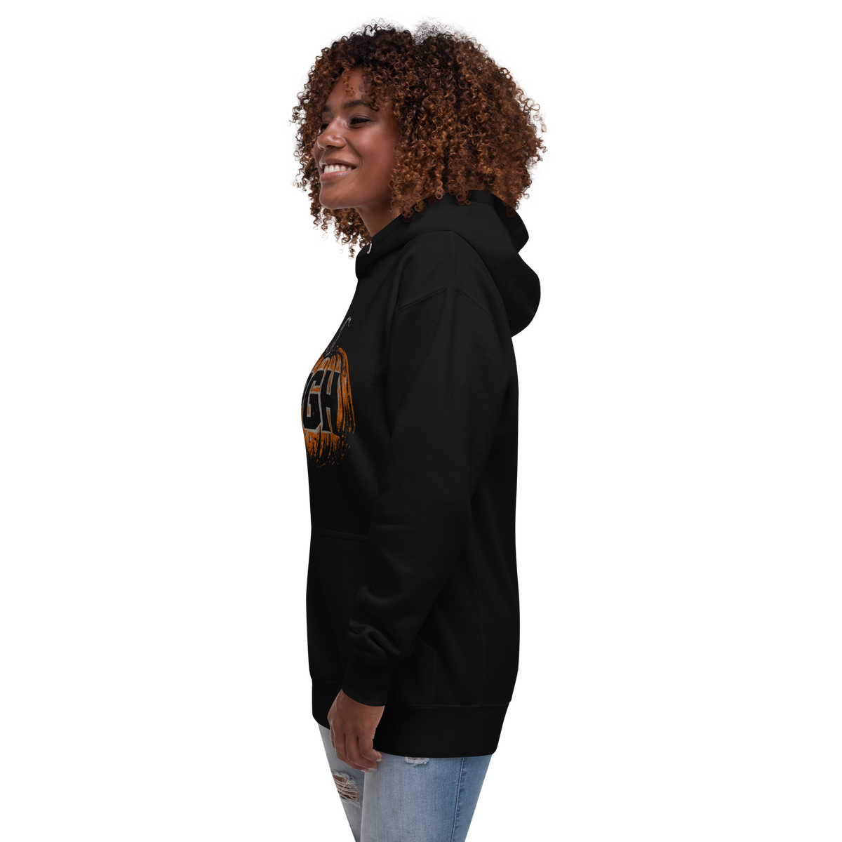 Side image of Woman wearing PGH Pumpkin Design on Black hoodie