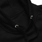 closeup of black drawstrings on a black hoodie, fed through metal eyeloops.