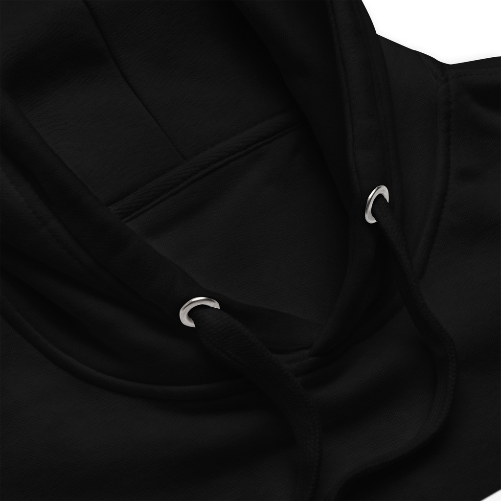 Black hoodie with two drawstrings through metal eyelets.