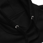 Black hoodie with two drawstrings through metal eyelets.