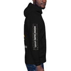 Man shown from the right side wearing black hoodie with the words HOMETAHN APPAREL.