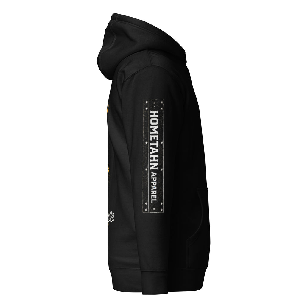 Black hoodie sleeve showing "HOMETAHN APPAREL".