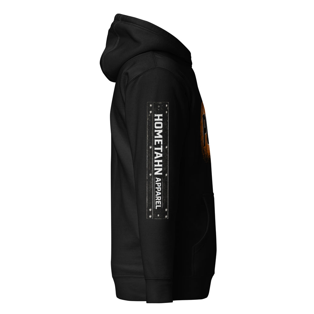 Side view of "Hometahn Apparel" printed on black hoodie