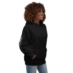 Woman wearing a black hoodie shown from an angel.