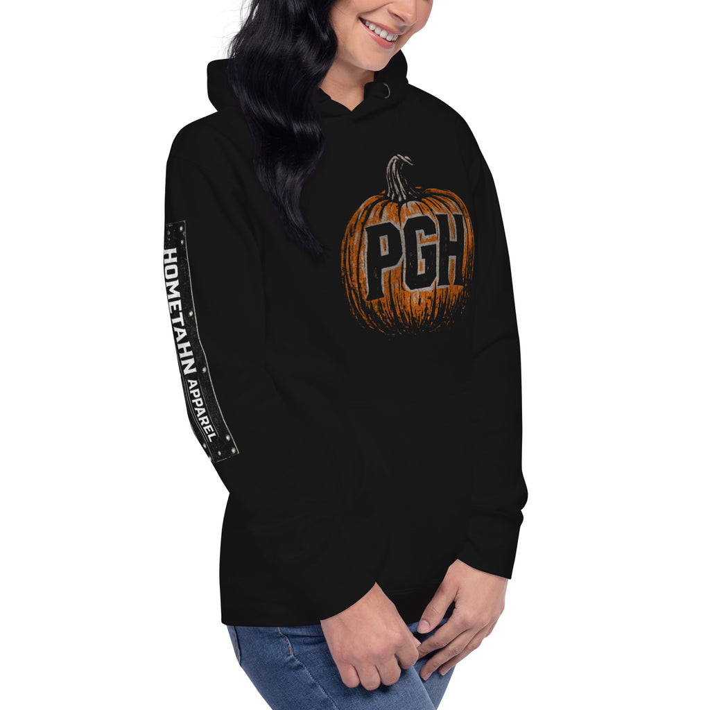 Woman wearing PGH Pumpkin Design on Black hoodie