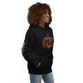Woman wearing PGH Pumpkin Design on Black hoodie shown from an angle
