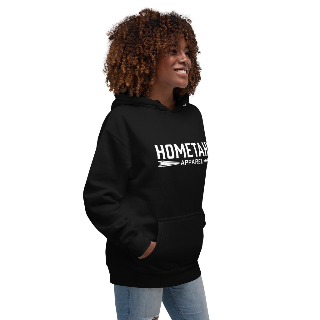 Woman wearing a black hoodie with "HOMETAHN APPAREL" logo on front.