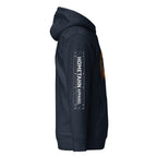 Blue hoodie from the side showing "Hometahn Apparel" down the sleeve