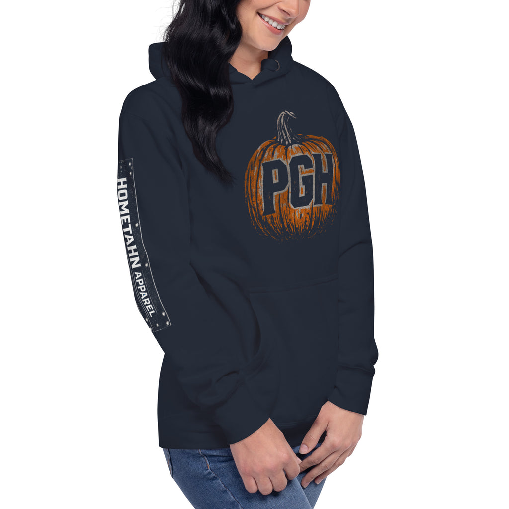 Woman wearing PGH Pumpkin Design on dark Blue hoodie