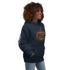 Woman wearing PGH Pumpkin Design on dark blue hoodie