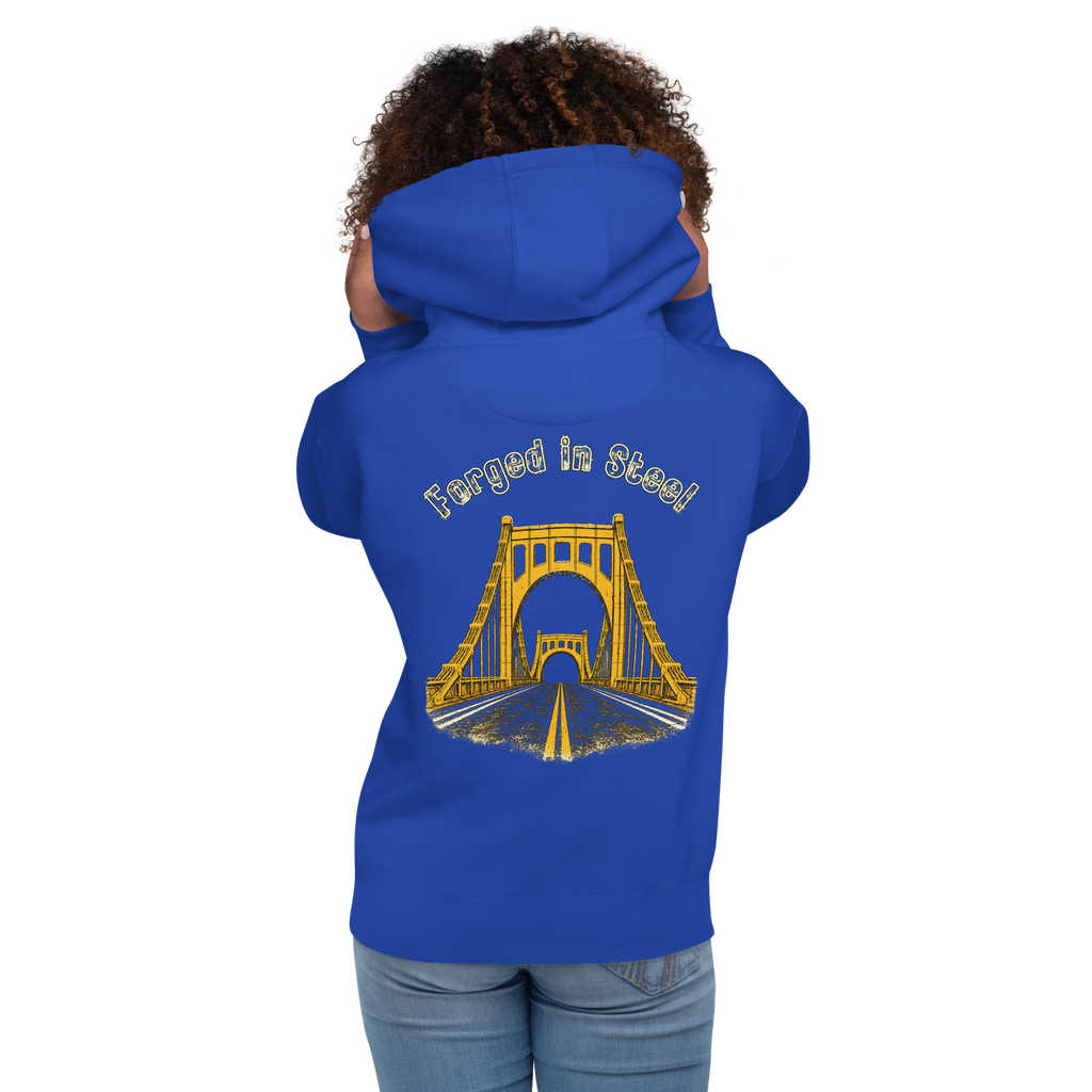 Woman wearing a blue hoodie with "Forged in Steel" Bridge design on back.