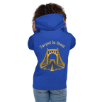Woman wearing a blue hoodie with "Forged in Steel" Bridge design on back.