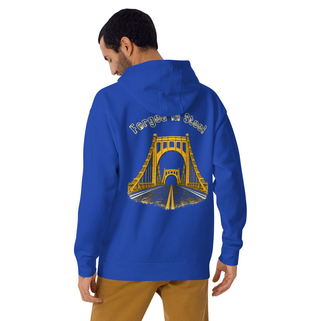 Man wearing a blue hoodie with "Forged in Steel" Bridge design on back.