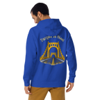 Man wearing a blue hoodie with "Forged in Steel" Bridge design on back.