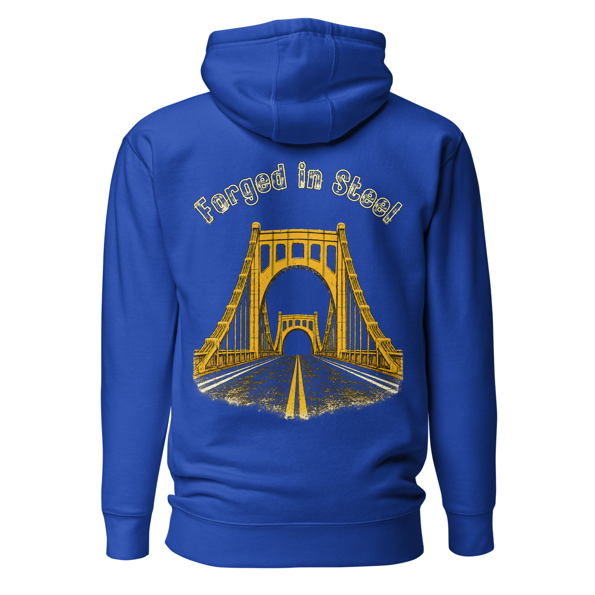 Royal Blue hoodie with Gold Bridge logo on front.