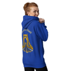Woman wearing a blue hoodie with "Forged in Steel" Bridge design on back.