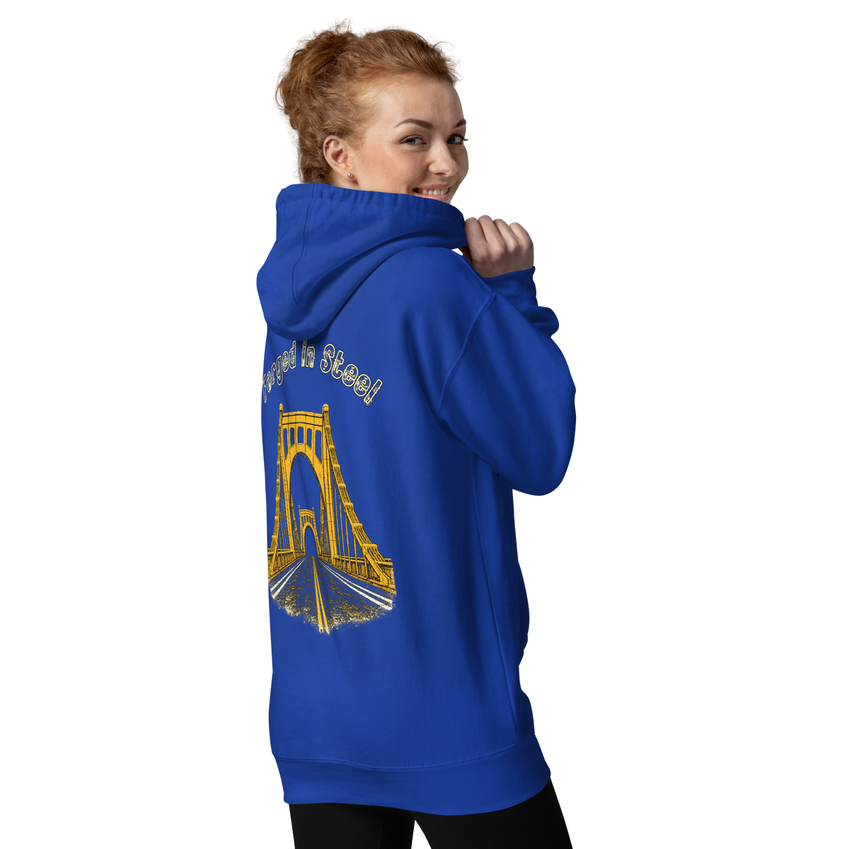 Woman wearing a blue hoodie with "Forged in Steel" Bridge design on back.