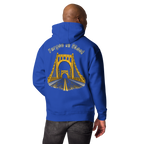 Man wearing a blue hoodie with "Forged in Steel" Bridge design on back.