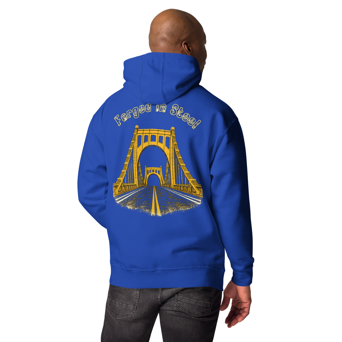 Man wearing a blue hoodie with "Forged in Steel" Bridge design on back.