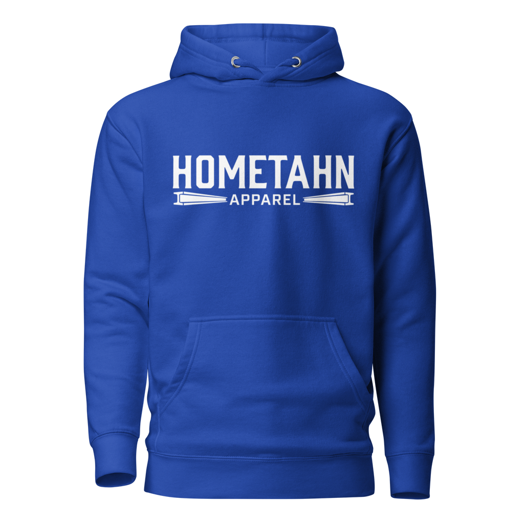 Royal Blue hoodie with "HOMETAHN APPAREL" logo on front.