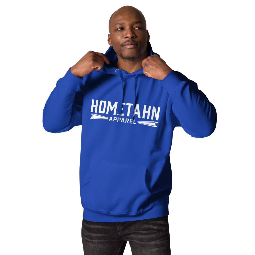Man wearing a blue hoodie with "HOMETAHN APPAREL" logo on front.