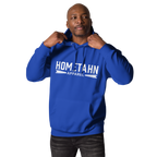 Man wearing a blue hoodie with "HOMETAHN APPAREL" logo on front.